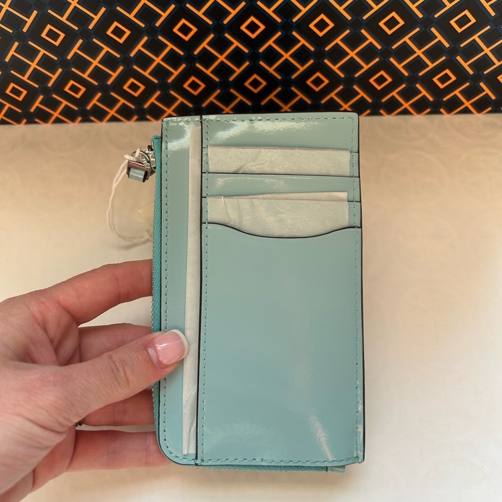 Tory Burch Blake Patent Zip Card Case Angel Blue Silver - Picture 3 of 7